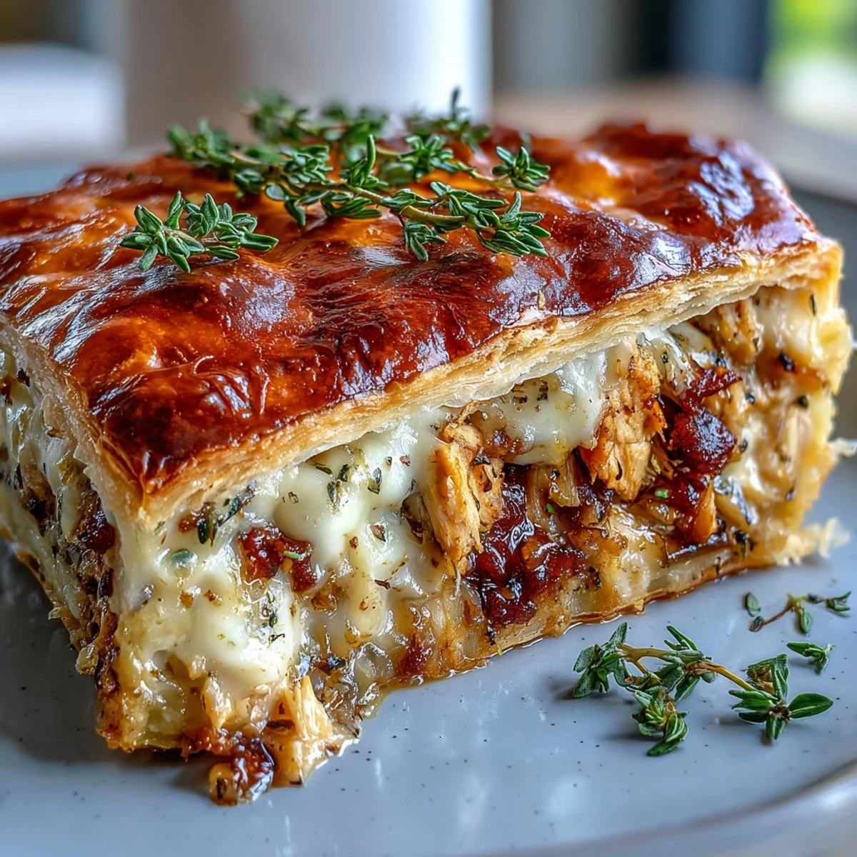 Freshly baked Chicken and Leek Pie with golden puff pastry and steam escaping from a knife slit.