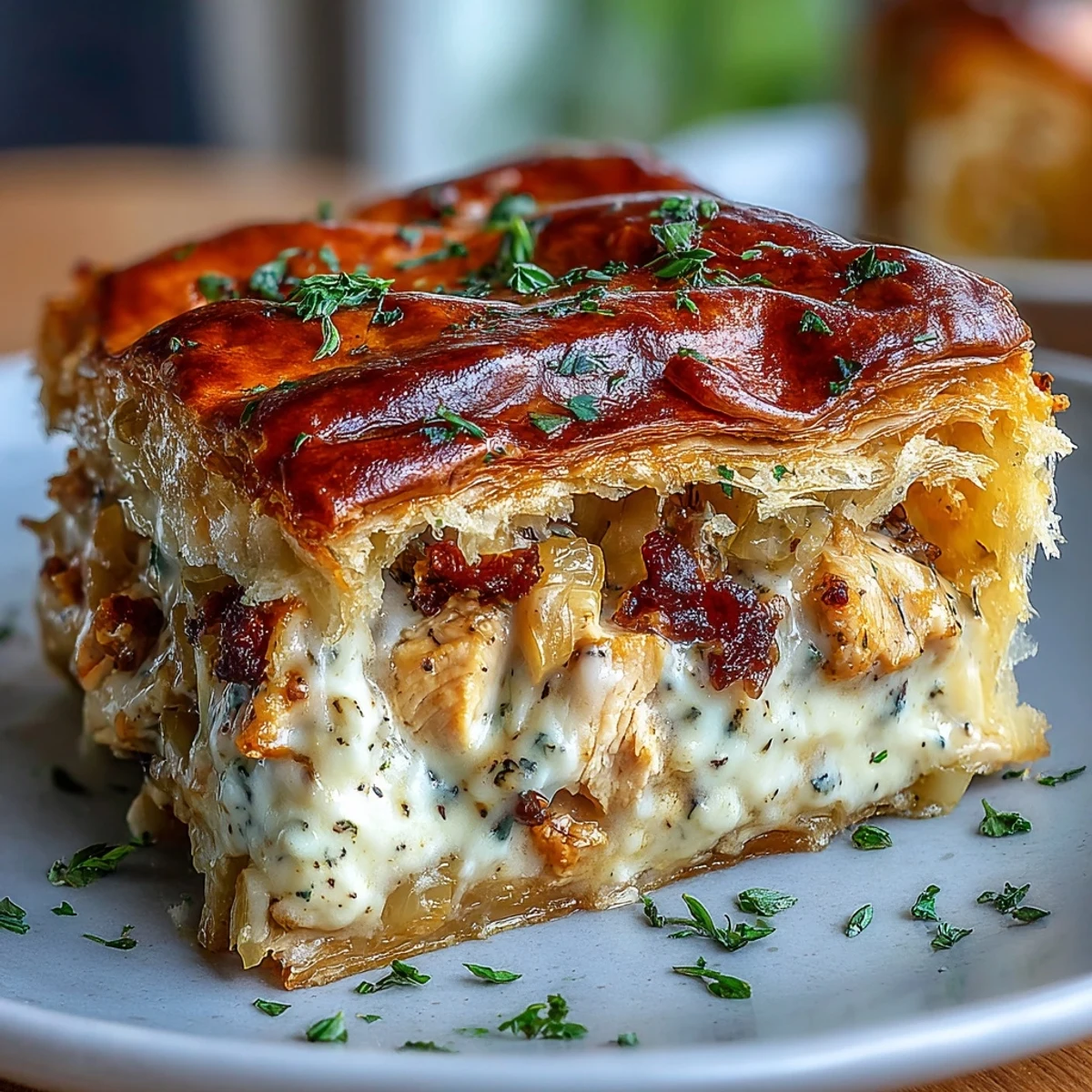Close-up of Chicken and Leek Pie, revealing creamy filling with leeks, carrots, and bacon bits.