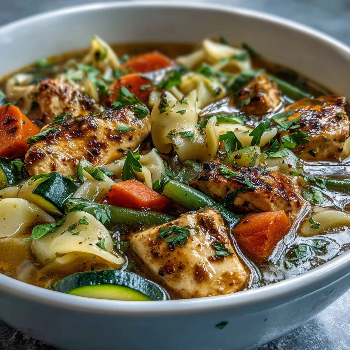 Festive red pasta soup with chicken and vegetables in a rustic white bowl, garnished with fresh parsley and Parmesan.