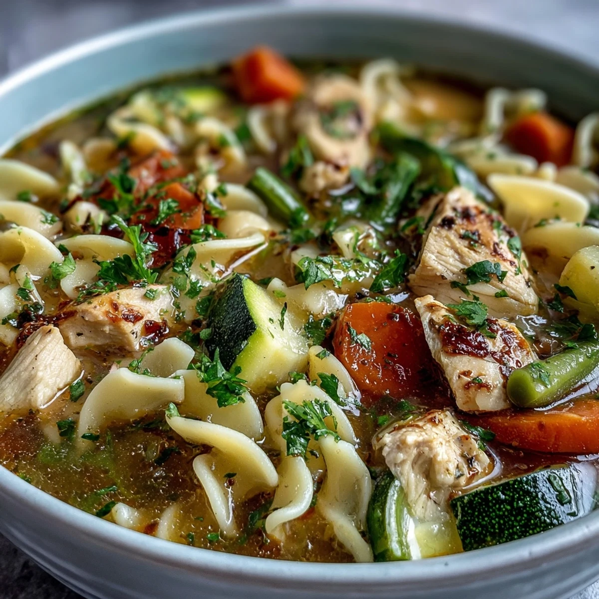 Steam rises from a hearty bowl of pasta soup with chicken and vegetables, showcasing zucchini, carrots, and peas.