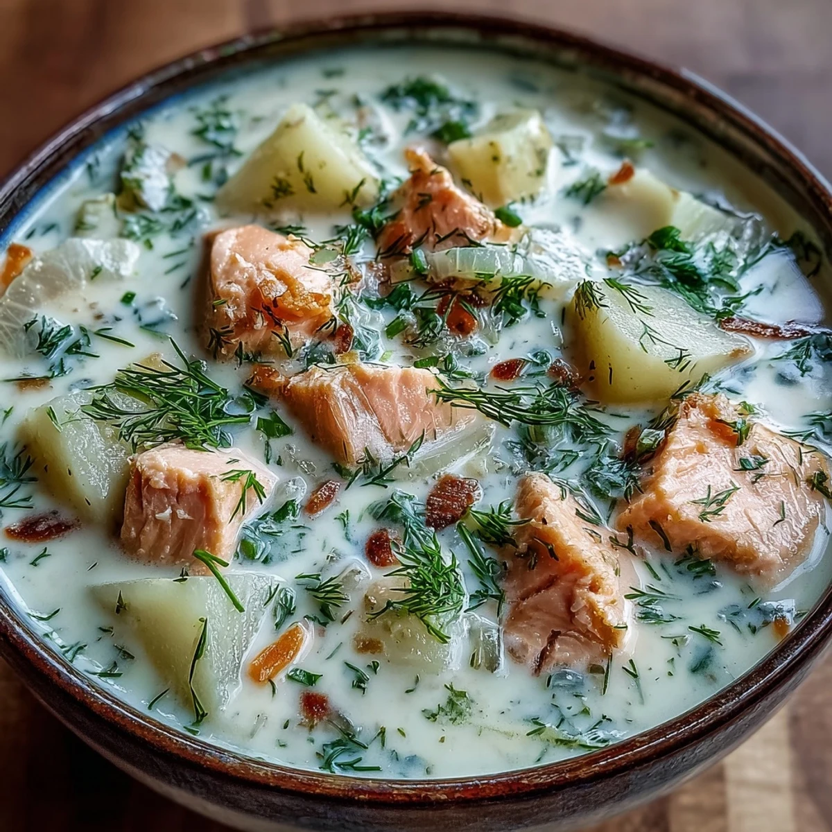 Creamy Finnish Salmon Soup with tender salmon, potatoes, and fresh dill garnish in a rustic white bowl.