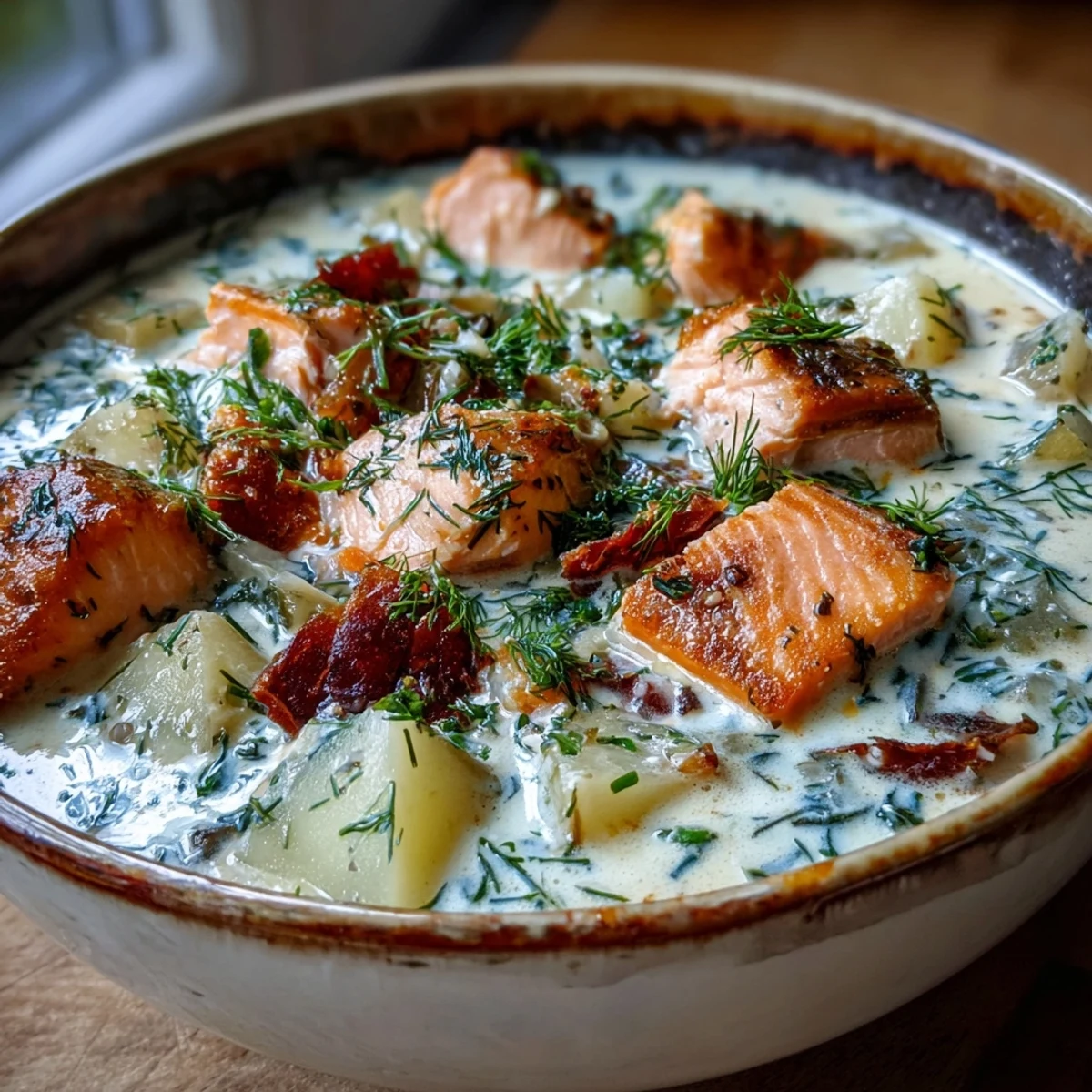 A steaming bowl of Finnish Salmon Soup featuring flaky fish, carrots, and leeks, perfect for a cozy dinner.
