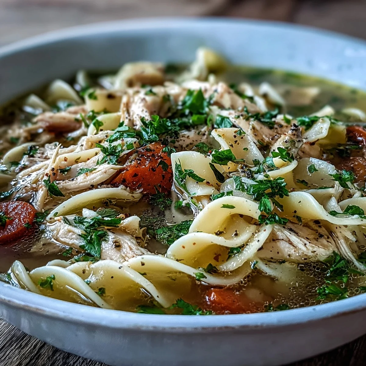 Homemade Chicken and Noodle Soup simmering in a pot, showcasing hearty vegetables and juicy chicken pieces in a flavorful stock.