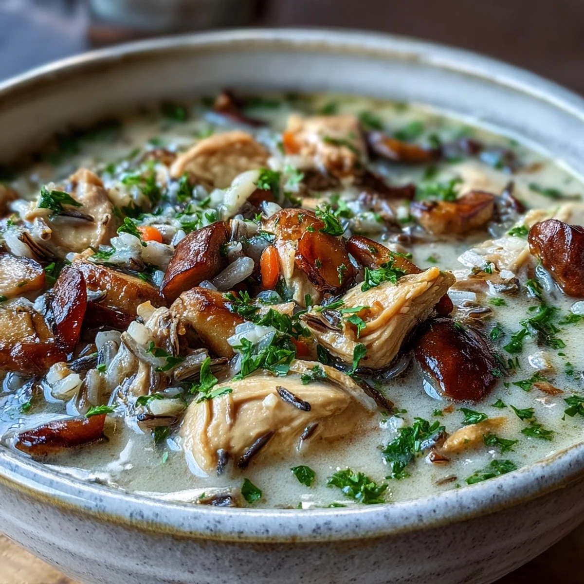 Creamy Parmesan Mushroom Chicken and Wild Rice Soup steaming in a rustic bowl, garnished with fresh parsley.