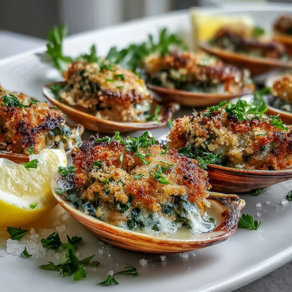 Golden Roasted Clams With Lemony Panko bubbling on a baking sheet, garnished with fresh parsley and lemon wedges for a bright appetizer.