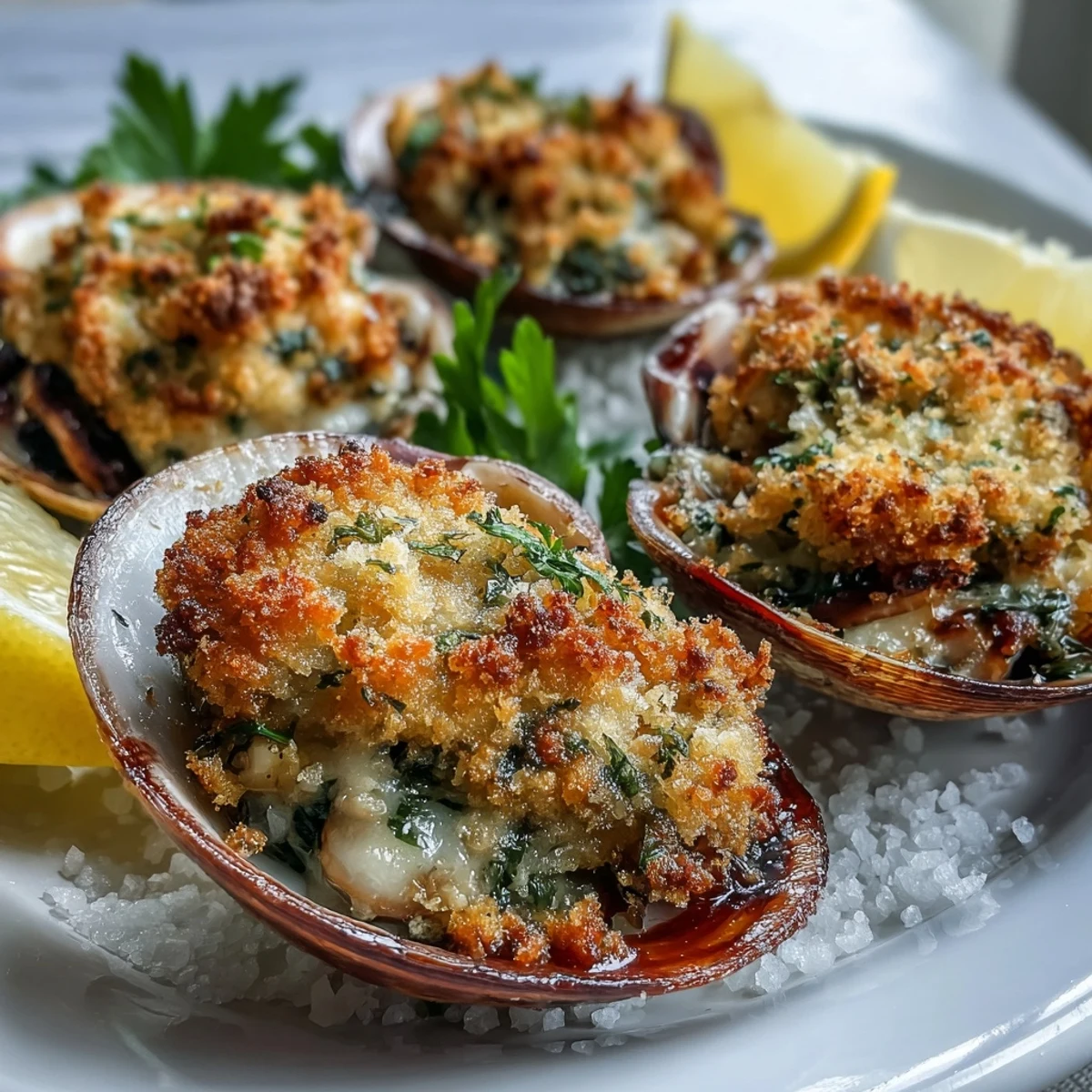 Freshly baked Roasted Clams With Lemony Panko topped with crisp breadcrumbs, paired with lemon wedges for a zesty seafood course.