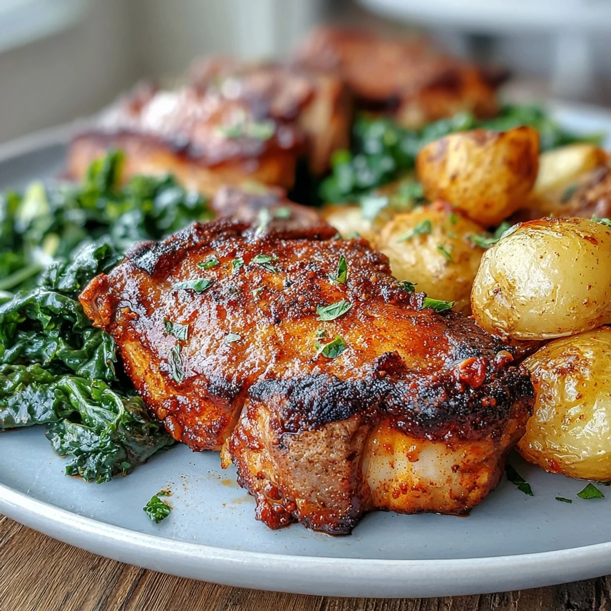 Golden Aleppo Pork Chops rest beside crispy roasted potatoes and sautéed greens on a rustic platter.