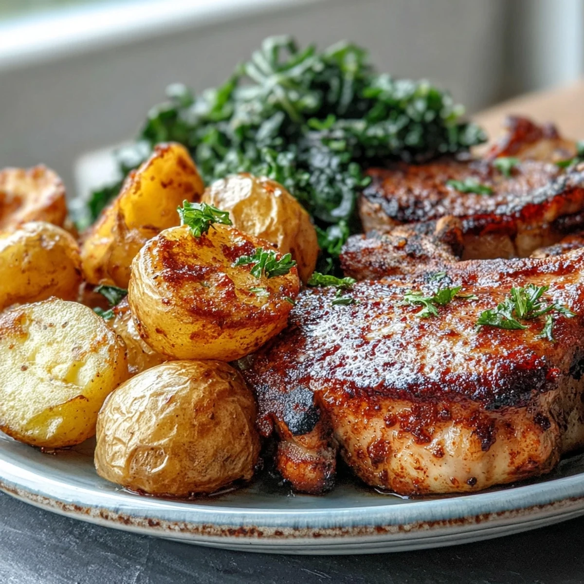 A close-up shows juicy, paprika-marinated pork chops with golden baby potatoes and wilted greens.
