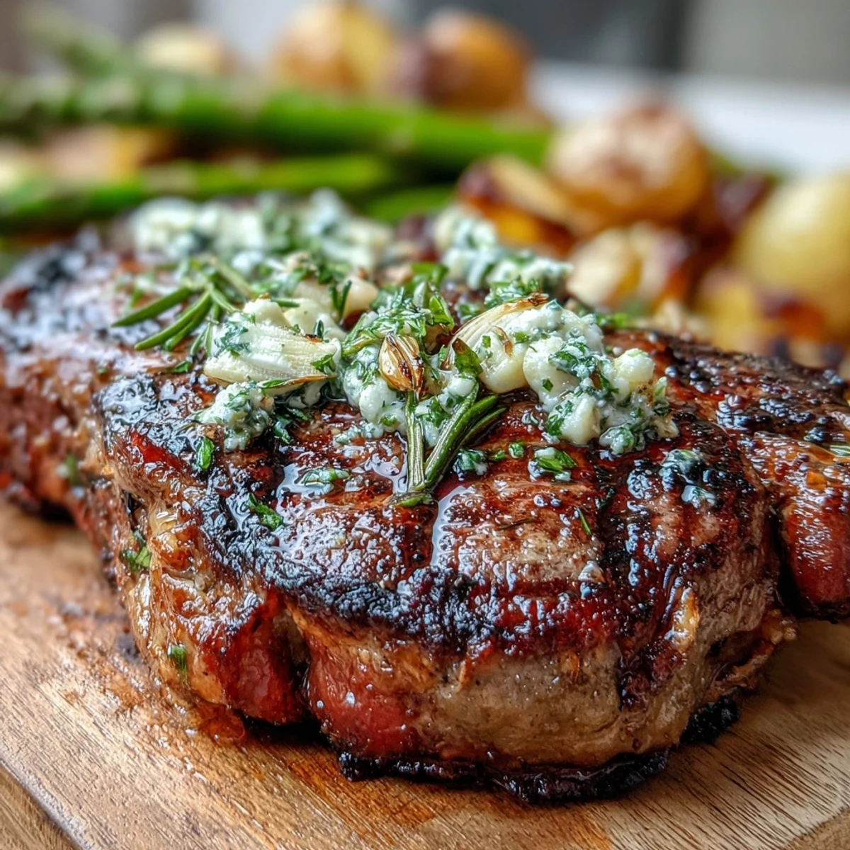 Juicy grilled bone-in rib eye steak with char marks, served alongside buttered potatoes and asparagus spears.