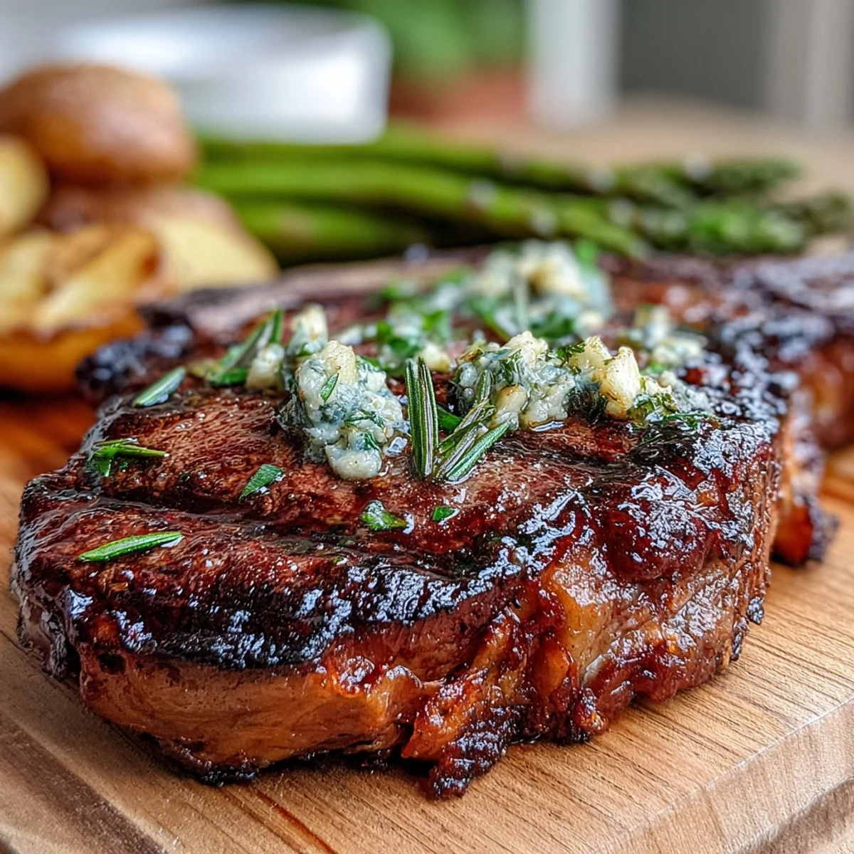 Perfectly grilled bone-in rib eye steak resting on a plate with lemon wedges, buttery potatoes, and charred asparagus.