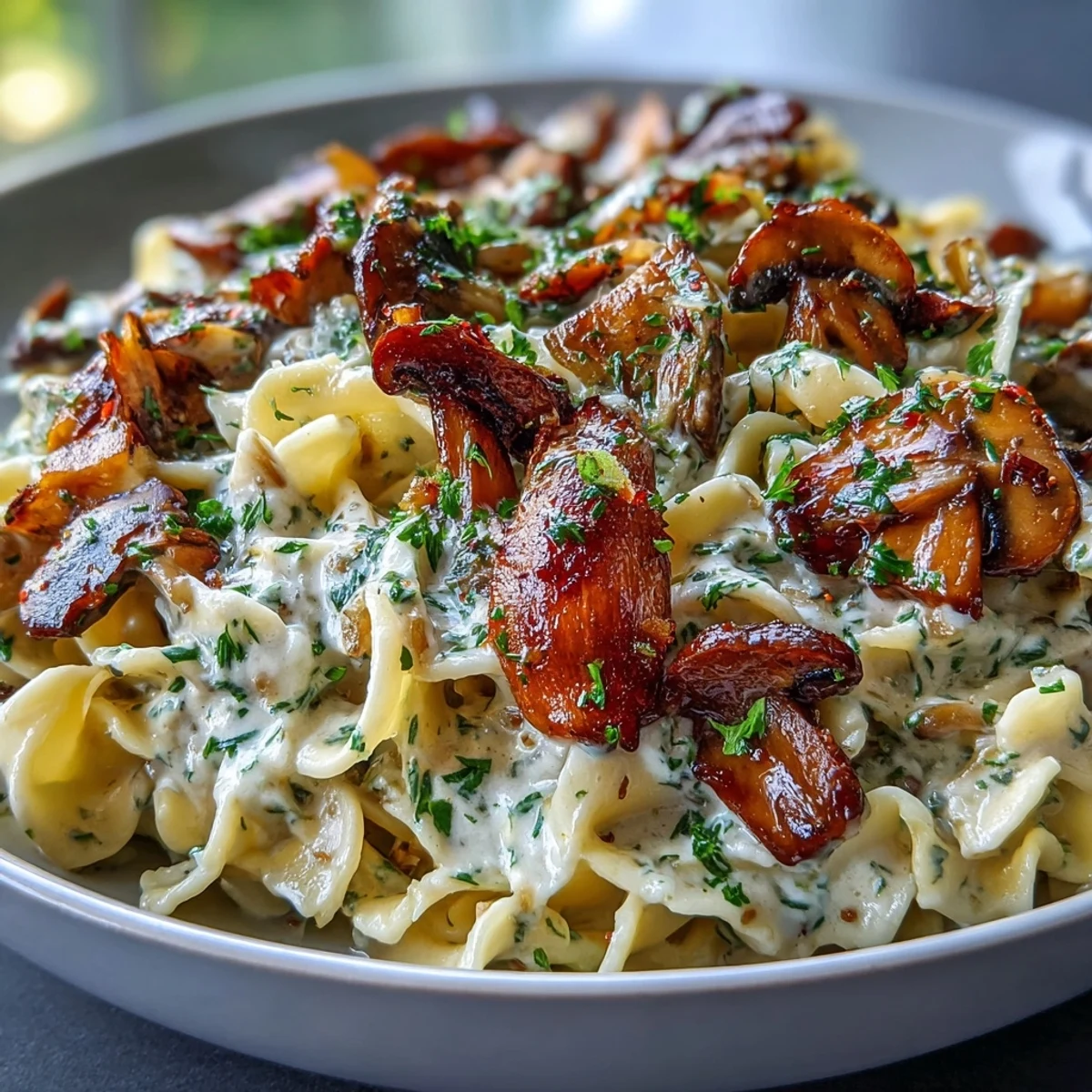 Steaming Creamy Mushroom Stroganoff twirls on a fork alongside sautéed mushrooms and fresh parsley.