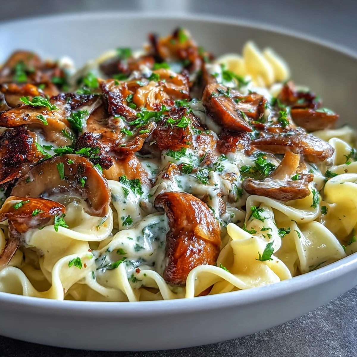 Fresh parsley garnishes a skillet of Creamy Mushroom Stroganoff, with sour cream and noodles in a rich sauce.