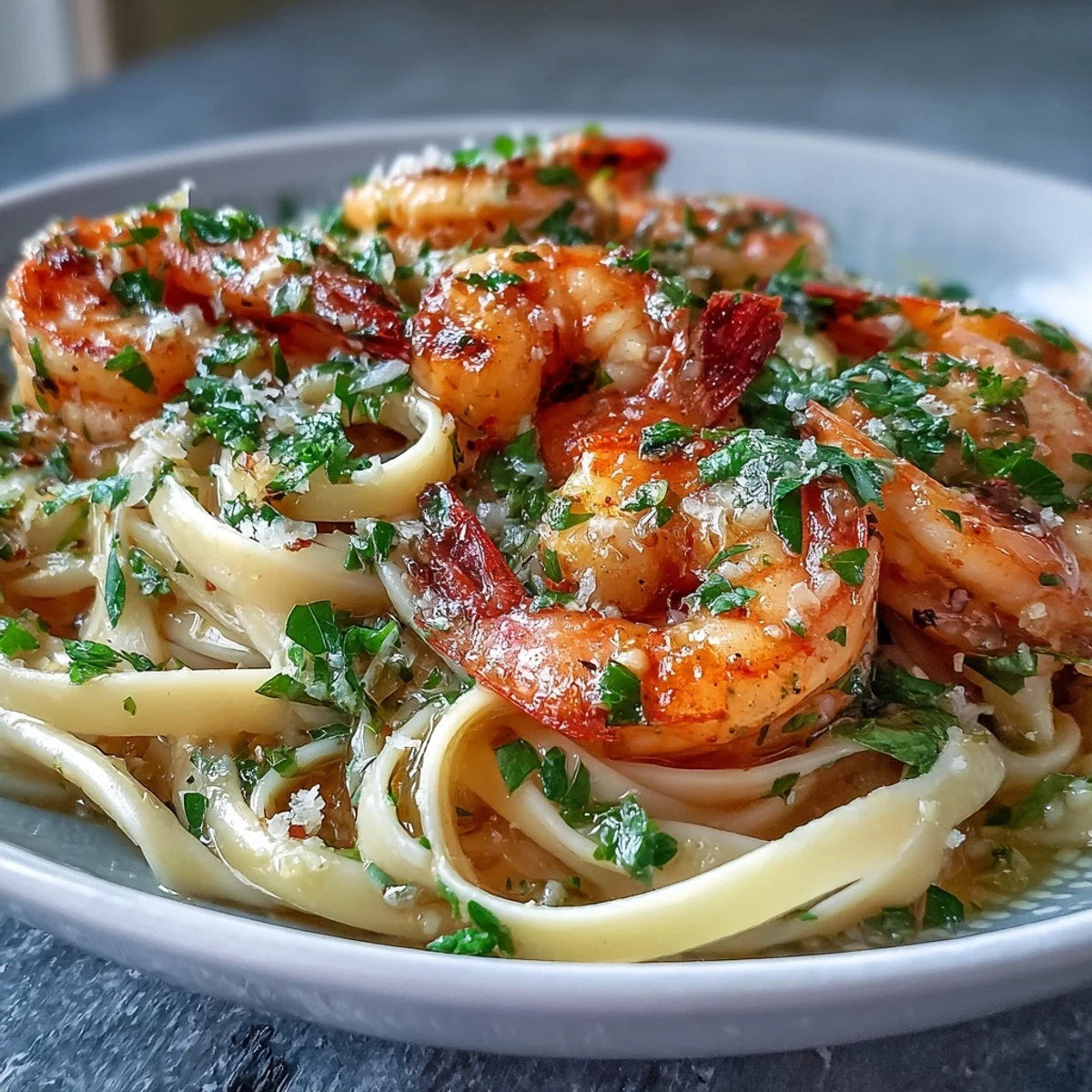 Shrimp Scampi With Linguine in a glossy garlic butter sauce, topped with fresh parsley and a lemon wedge.