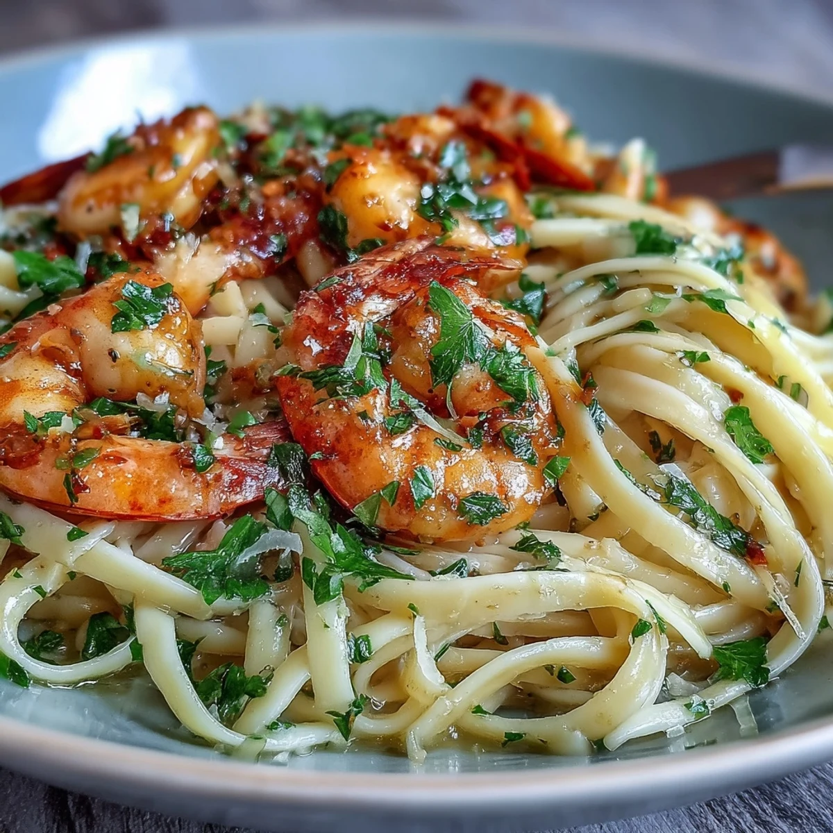 Platter of Shrimp Scampi With Linguine served with extra parsley and lemon wedges, ready for family-style dining.