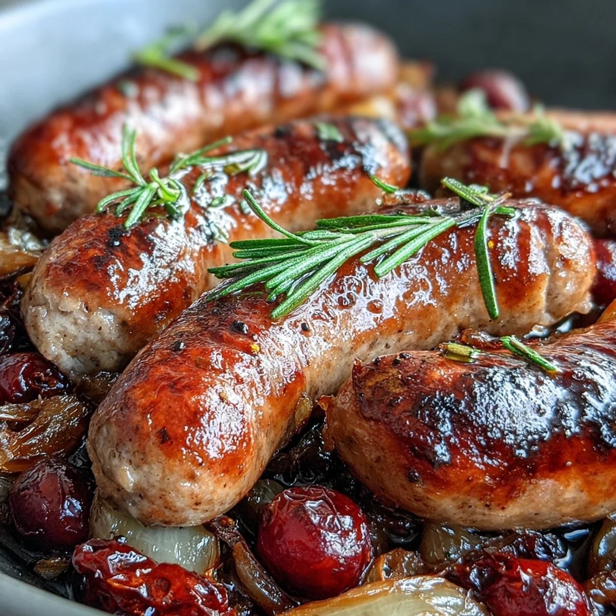 Roasted Sausage and Grapes bubbling in a rustic baking dish, mingling with caramelized red onion wedges and fresh rosemary sprigs.