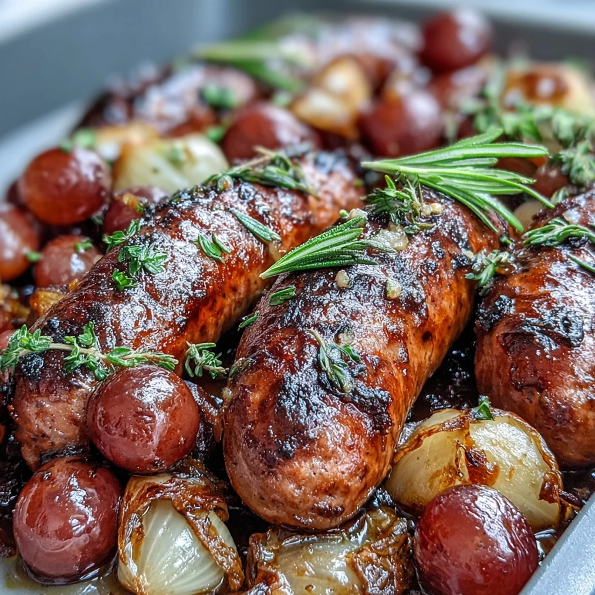 Sizzling roasted sausages paired with caramelized grapes and red onions, garnished with fresh rosemary, perfect for a cozy family dinner.
