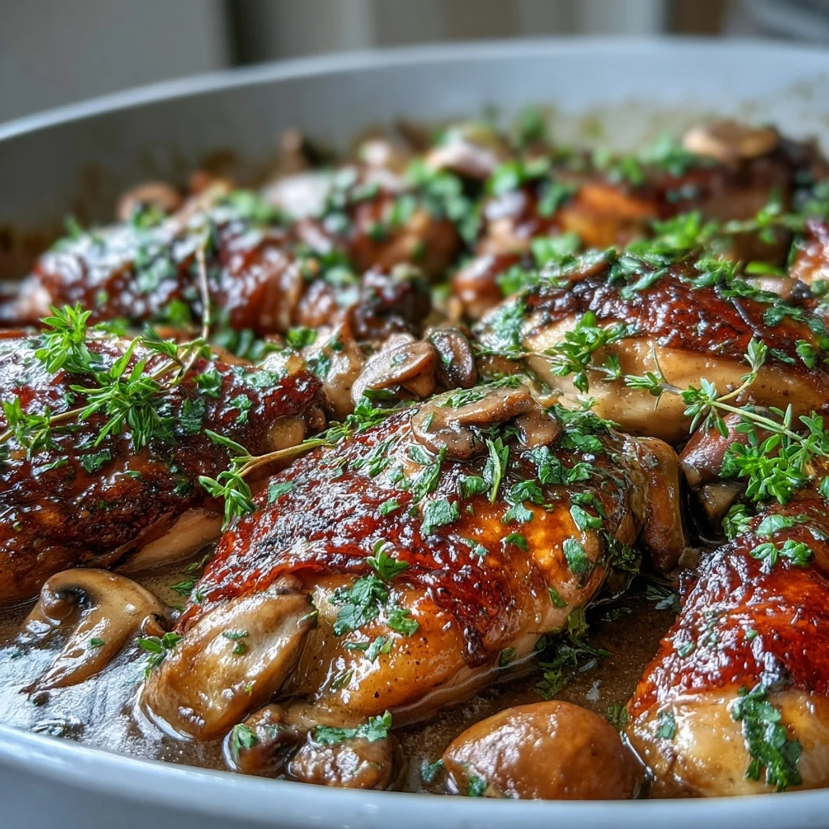 Golden-brown chicken pieces simmer in a creamy rosé wine sauce with mushrooms and herbs in a Dutch oven.