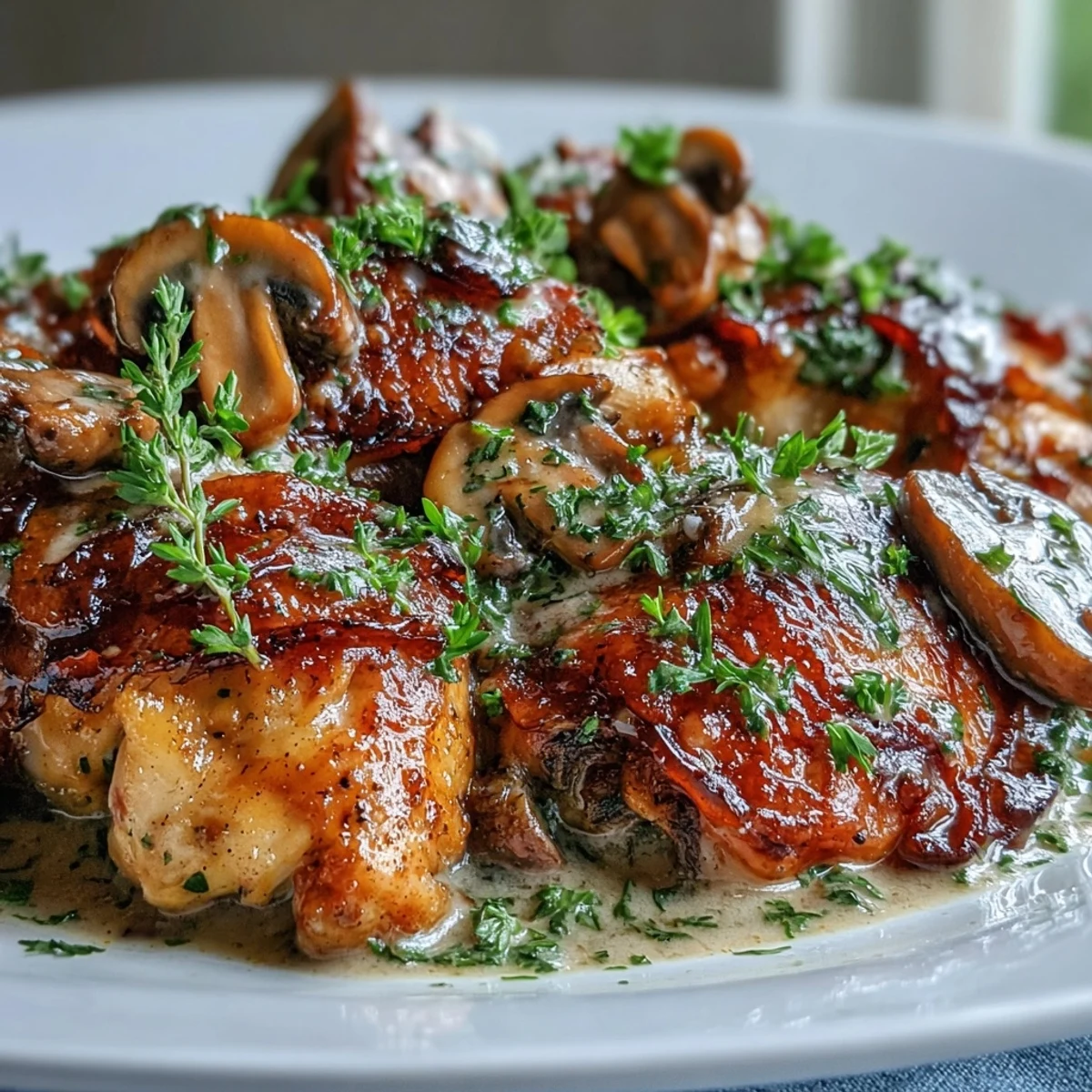 A close-up of Coq au Vin Rosé reveals juicy chicken thighs, sliced carrots, and cremini mushrooms in velvety sauce.