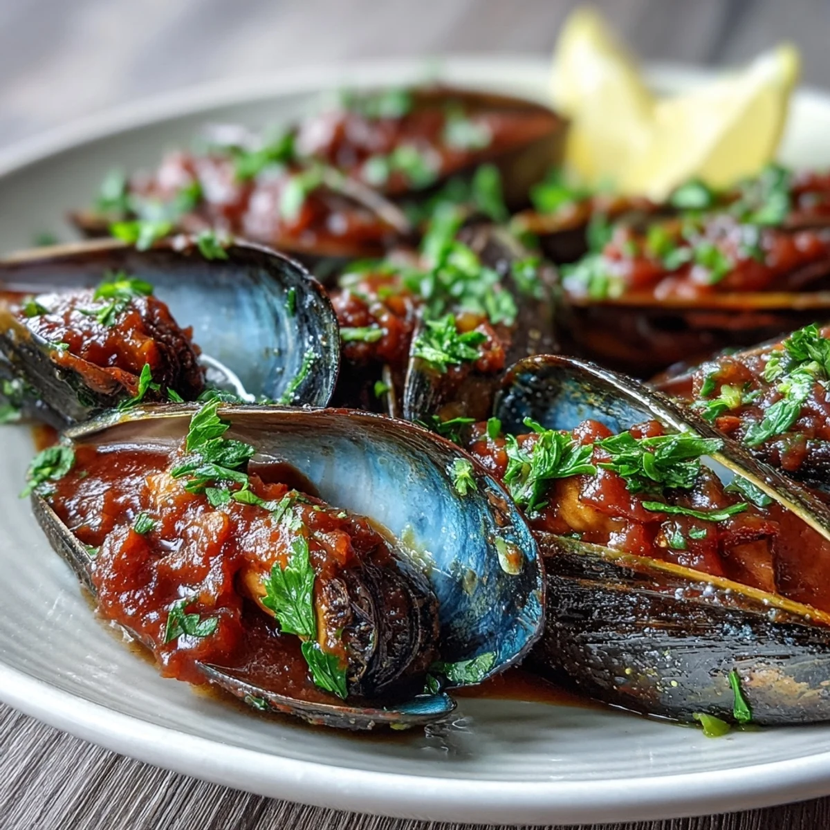 Steaming Smoky Mussels Pomodoro glistens with a vibrant red tomato sauce and fresh parsley garnish.
