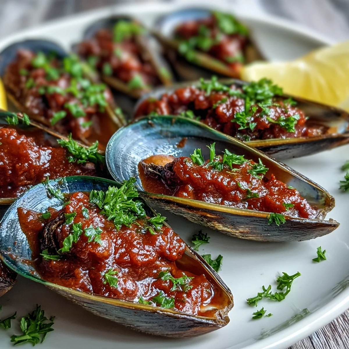 Garlicky Smoky Mussels Pomodoro with lemon wedges on the side, ready to serve immediately.