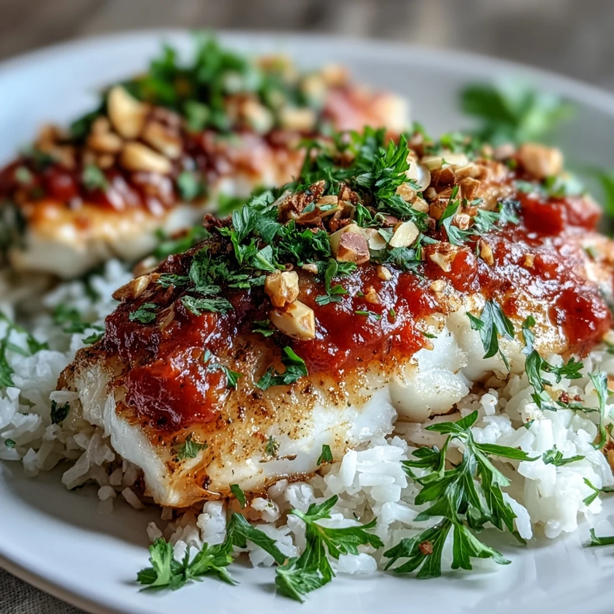 Tomato-Roasted Cod With Spiced Almonds flaked easily on ginger rice, garnished with fresh parsley and lemon wedges.