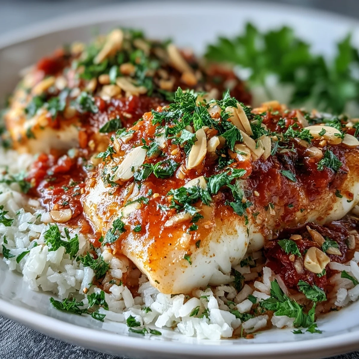 Tomato-Roasted Cod With Spiced Almonds in a zesty sauce, topped with toasted almonds and served with lemon.