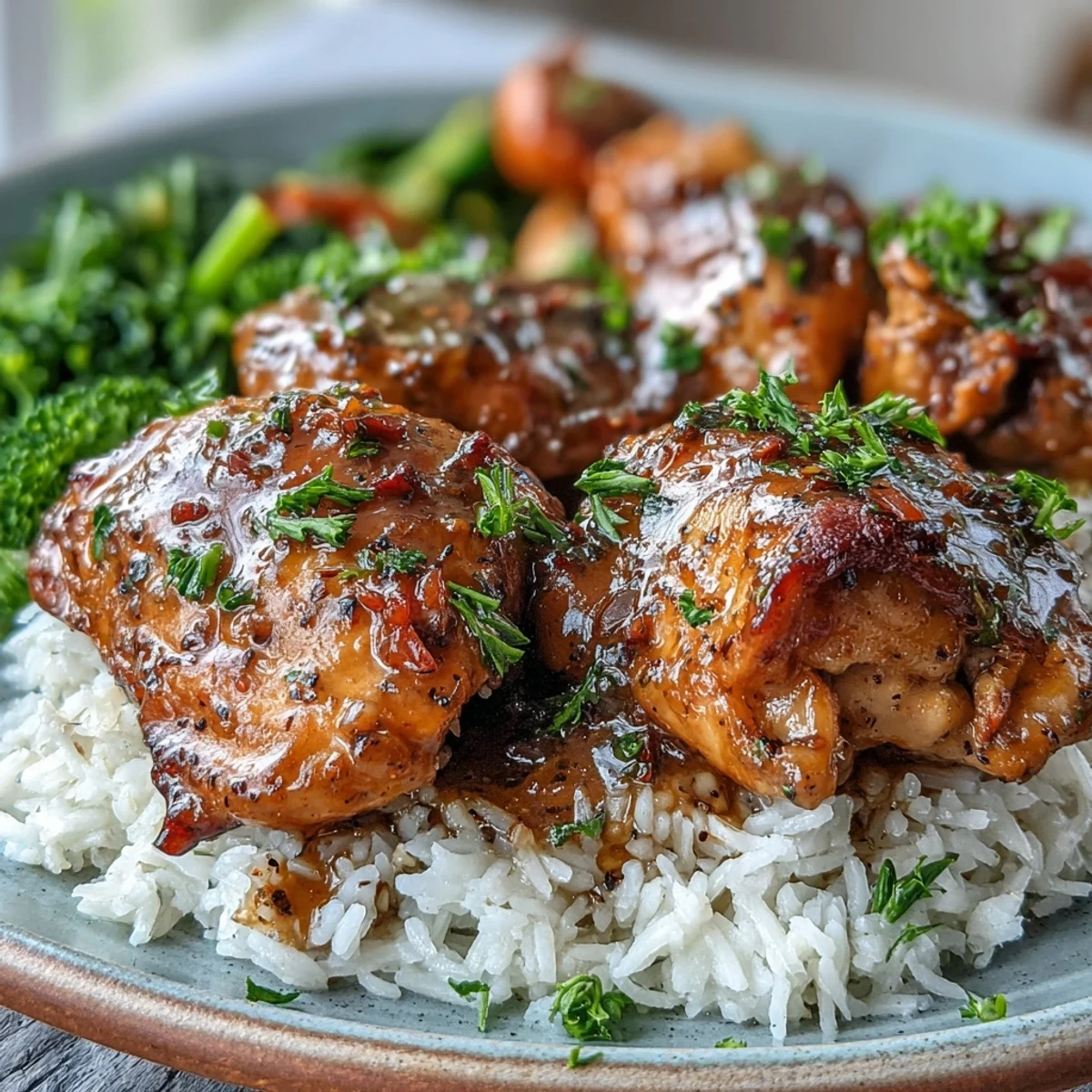 Tender shredded Slow Cooker Honey Mustard Chicken piled high on a sandwich bun, drenched in extra tangy sauce with a side of roasted broccoli.