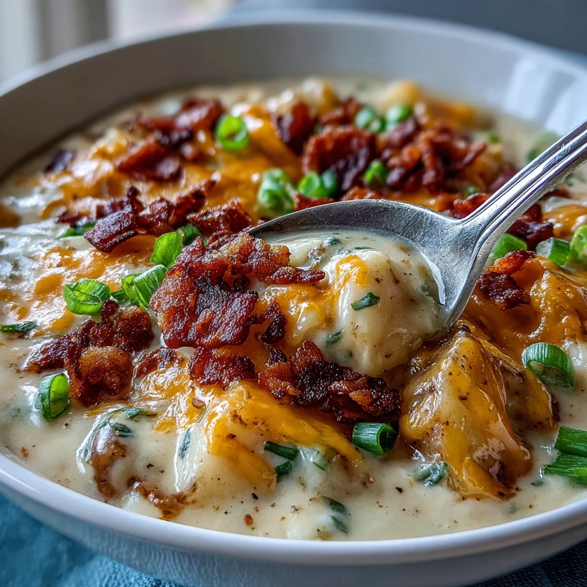 Creamy Loaded Potato Soup topped with crispy bacon, melted cheddar, and fresh green onions in a rustic bowl.