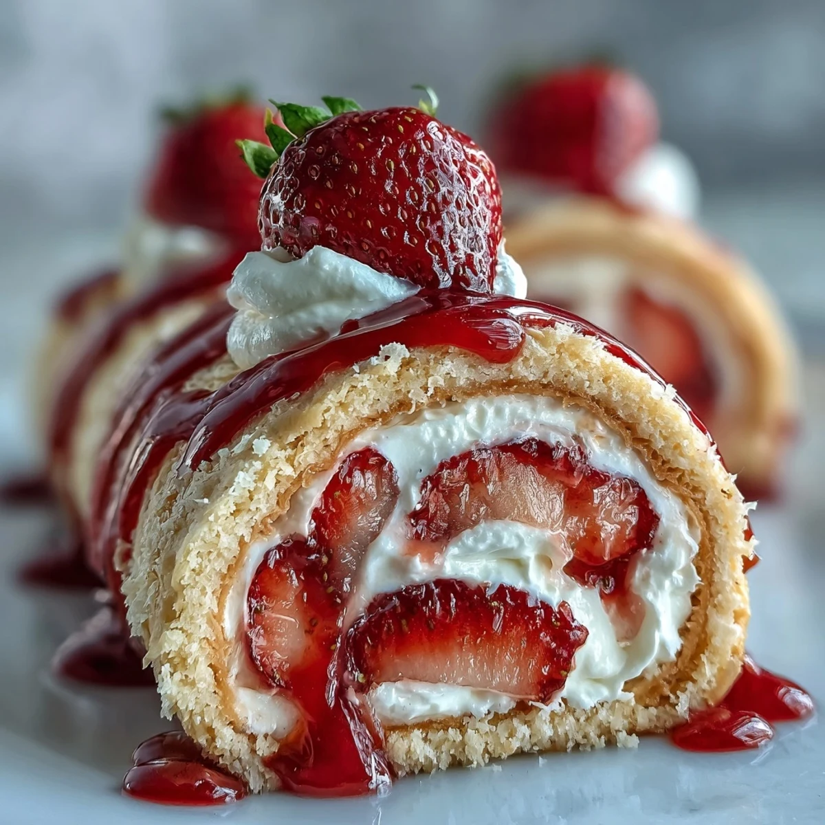 Sliced Strawberry Shortcake Sushi Roll shows golden crepes, fluffy sponge, and fresh berries on a platter. 