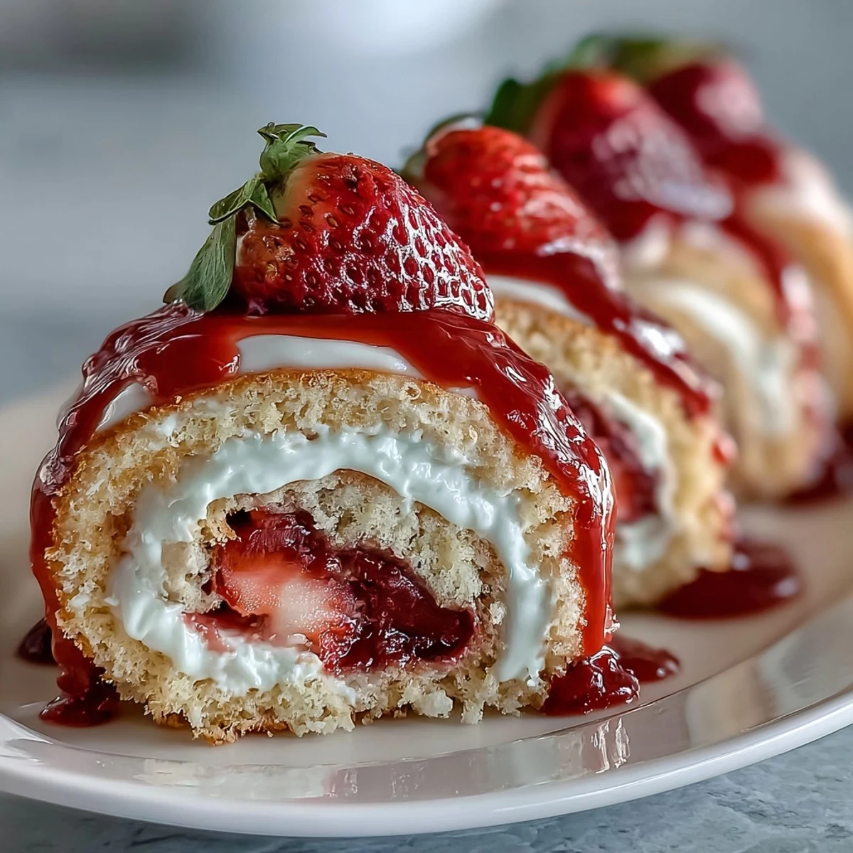 Strawberry Shortcake Sushi Roll pinwheels drizzled with white chocolate and garnished with mint leaves. 