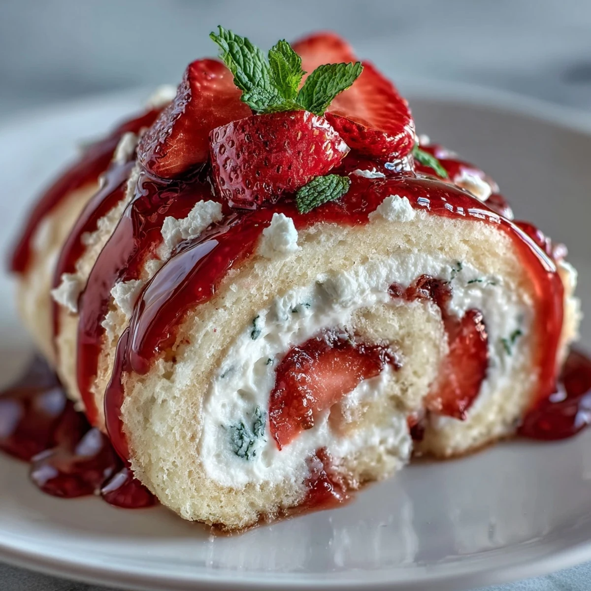 A plated Strawberry Shortcake Sushi Roll with whipped cream and sliced strawberries, perfect for dessert.