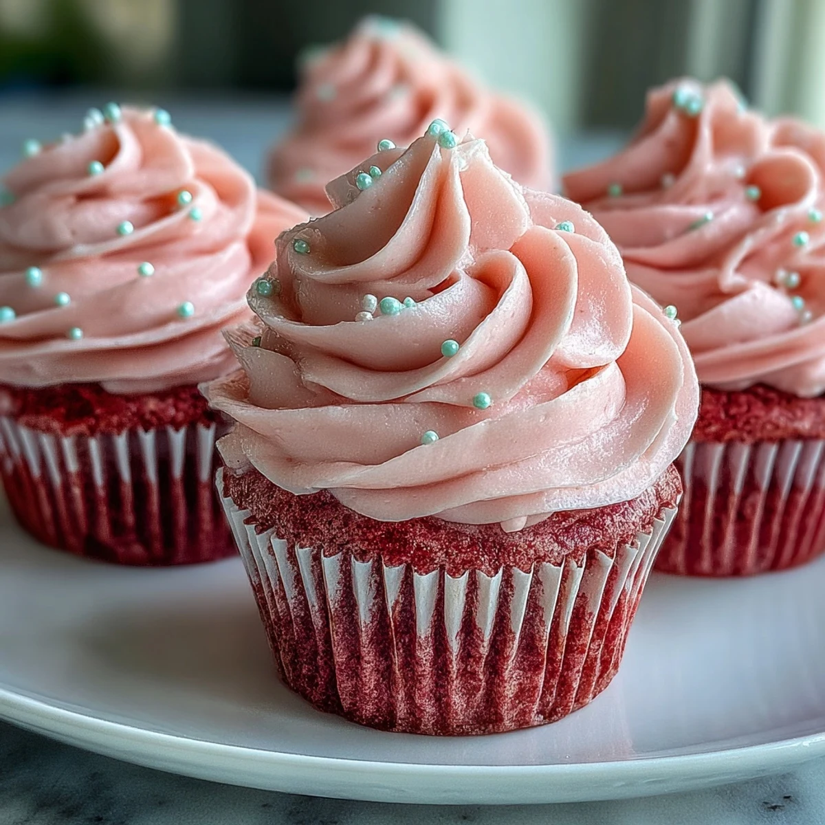 Freshly baked Pink Velvet Cupcakes with swirls of vanilla buttercream frosting and pink sprinkles on a white plate.