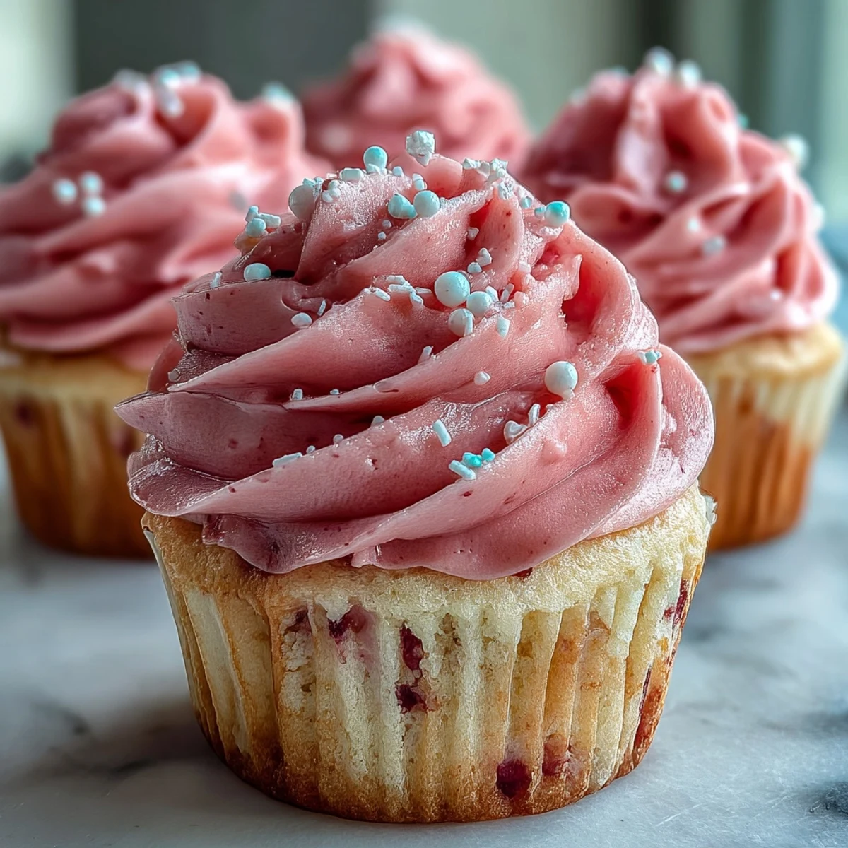 Close-up of a Pink Velvet Cupcake showing moist crumb and a generous swirl of creamy vanilla buttercream frosting.