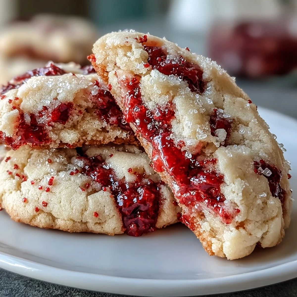 Close-up of Soft Chewy Raspberry Sugar Cookies with a sparkly sugar crust and fresh berry bursts on a white plate.