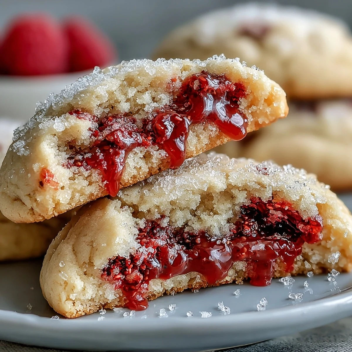 Glossy red jam from baked Soft Chewy Raspberry Sugar Cookies oozes onto a cooling rack over parchment.