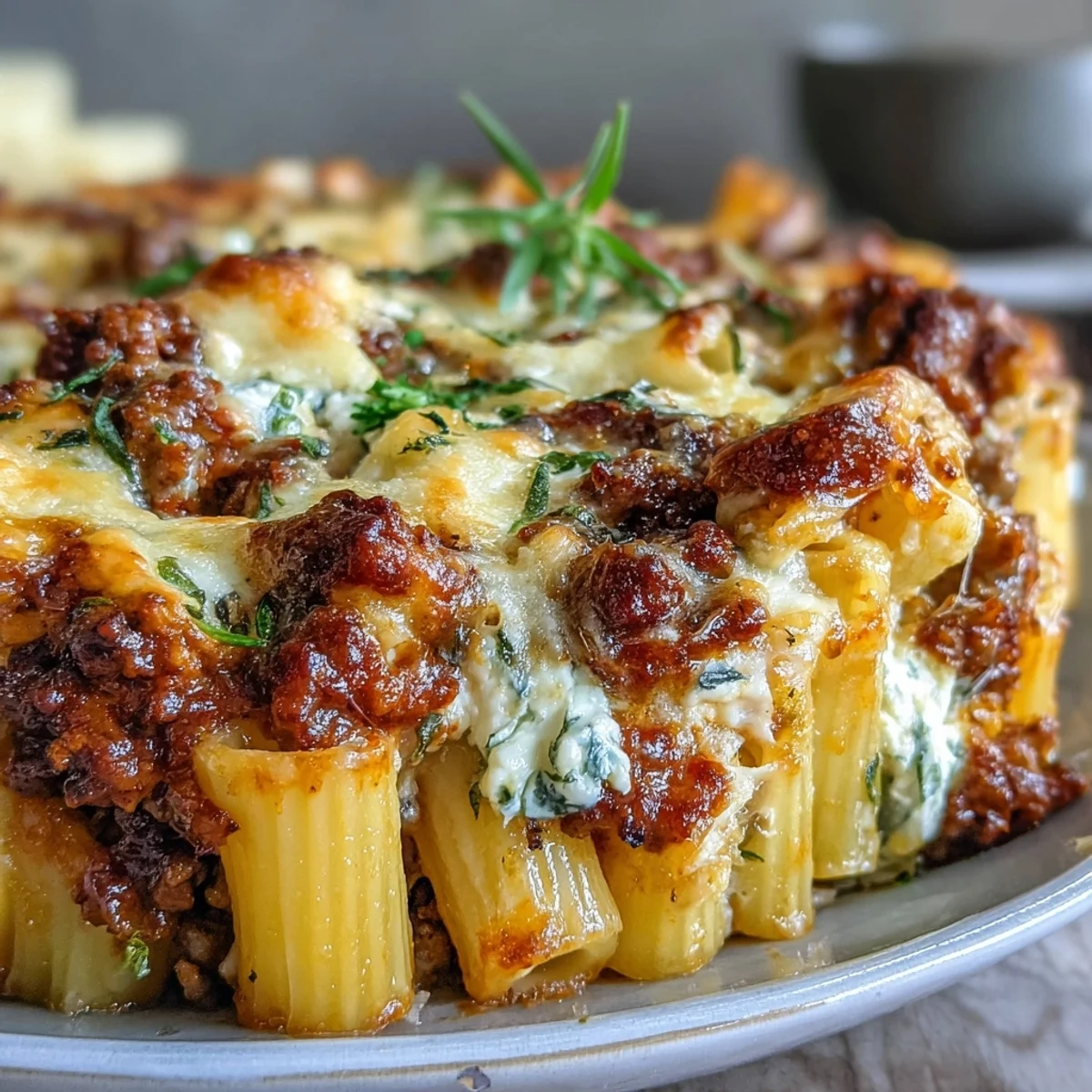 Cottage Cheese Protein Pasta Bake with Ground Beef, golden and bubbling with mozzarella from the oven.