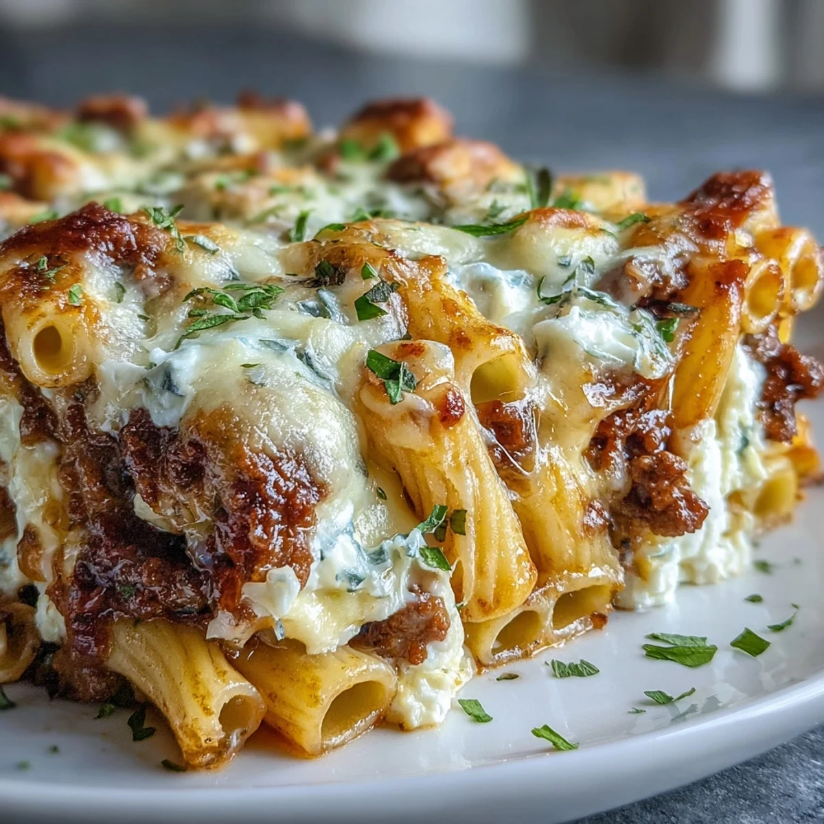 Spoonfuls of creamy Cottage Cheese Protein Pasta Bake with Ground Beef pair with fresh basil garnish.