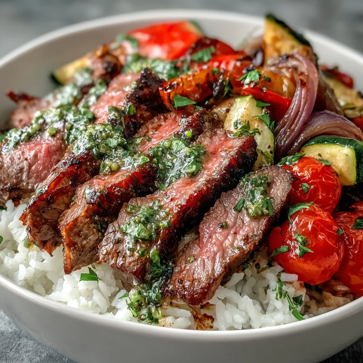 Grilled Steak Bowl features tender grilled steak over fluffy rice, topped with roasted vegetables and chimichurri sauce.
