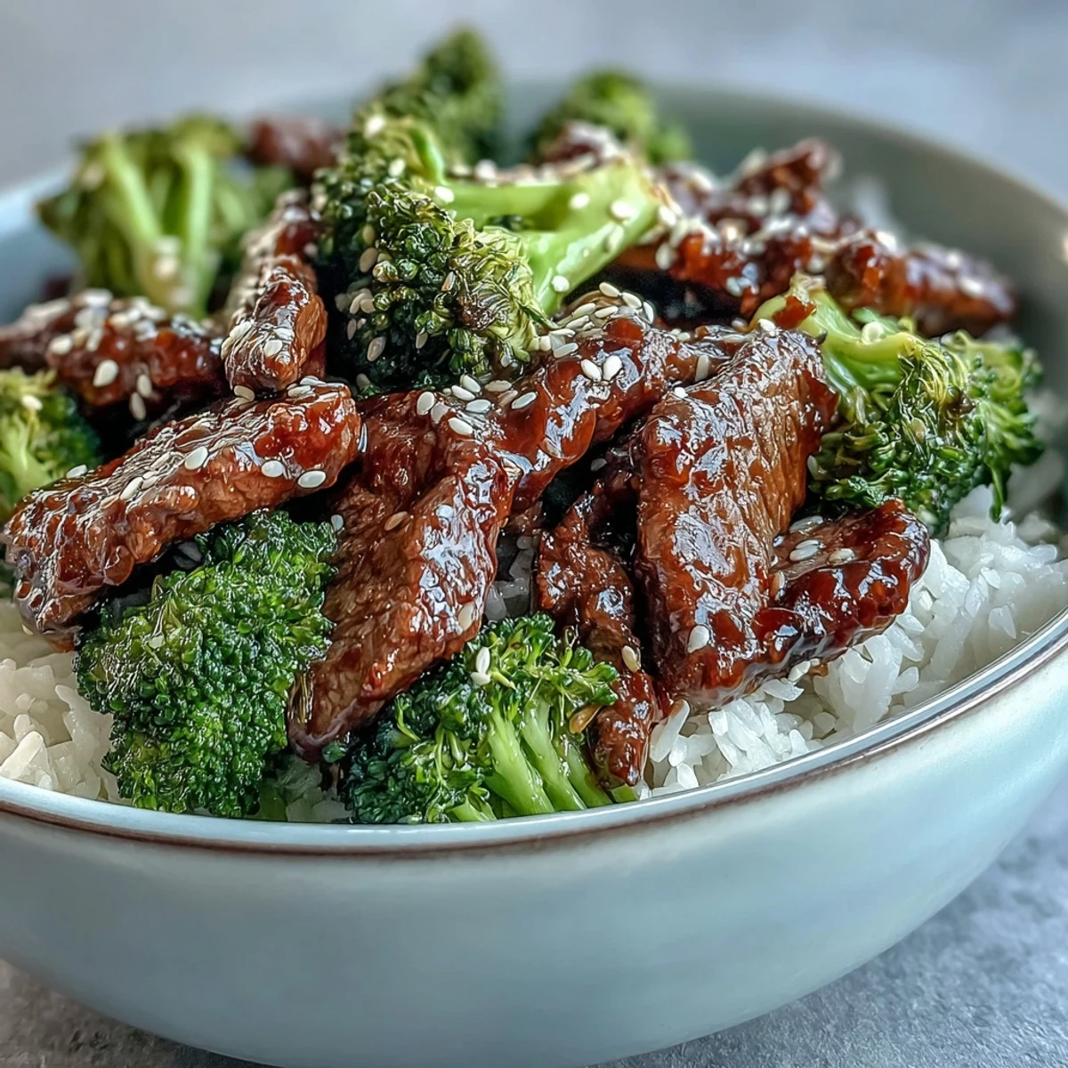 Fluffy rice topped with tender beef strips, crisp steamed broccoli and glossy soy-ginger sauce in a bowl.