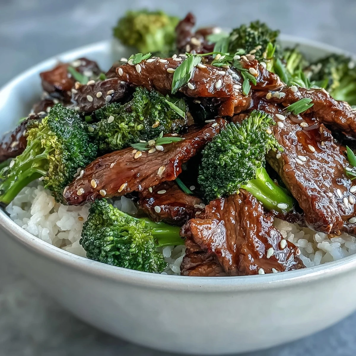Sizzling beef and broccoli tossed in savory sauce, served warm over jasmine rice with sesame garnish.