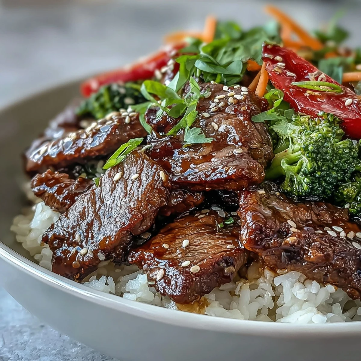 Freshly seared beef coated in glossy teriyaki sauce sits atop fluffy white rice, garnished with green onions and sesame seeds.