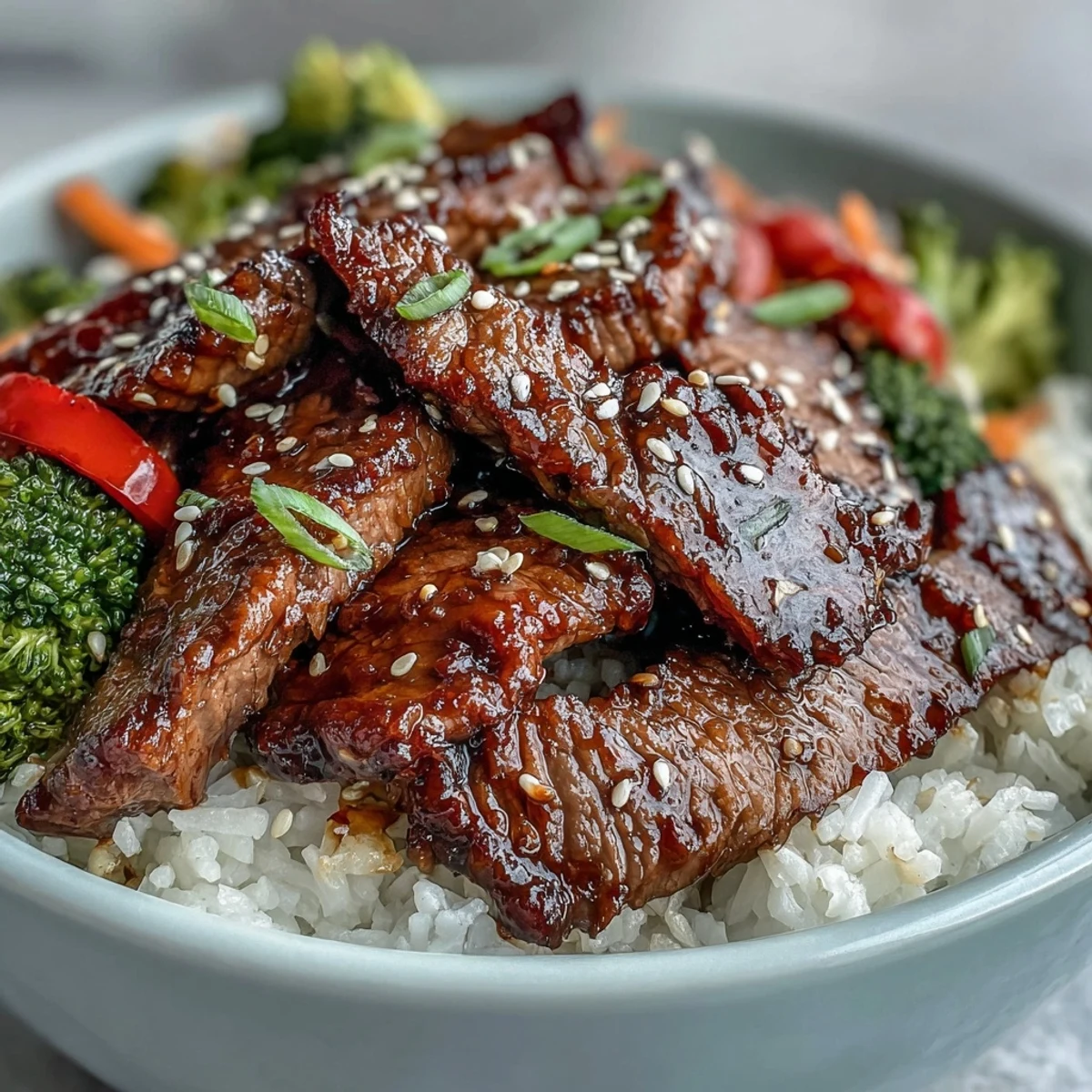 Sizzling beef strips glazed in sweet teriyaki rest on fluffy rice with crisp veggies, served hot in a cozy bowl.