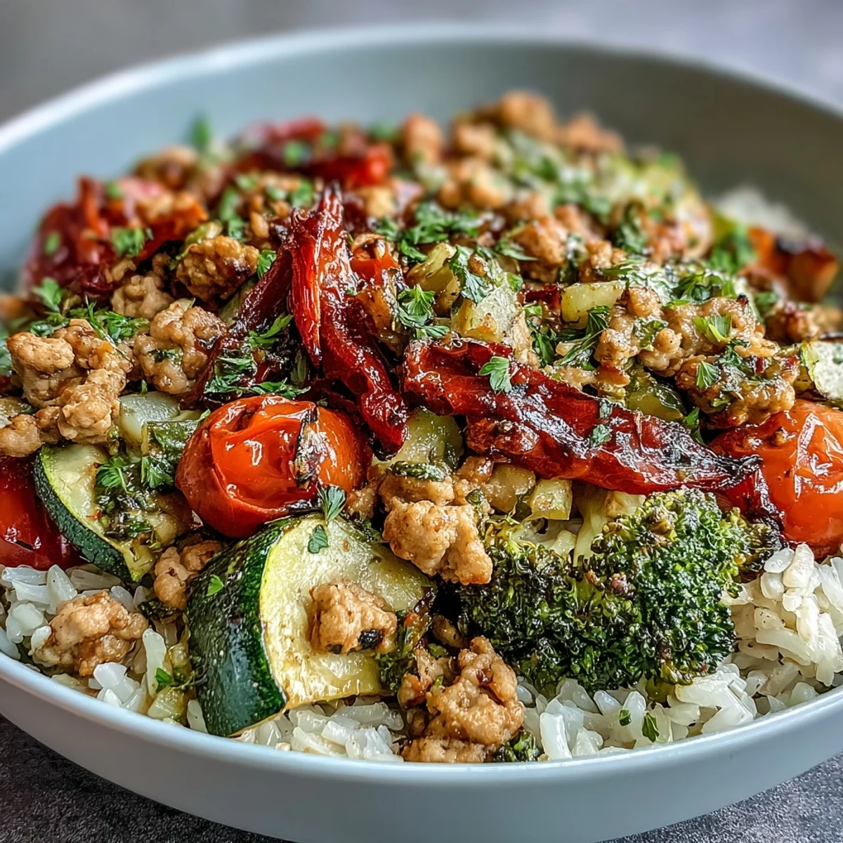 A balanced Ground Turkey Bowl with seasoned meat, roasted broccoli, and creamy avocado slices.