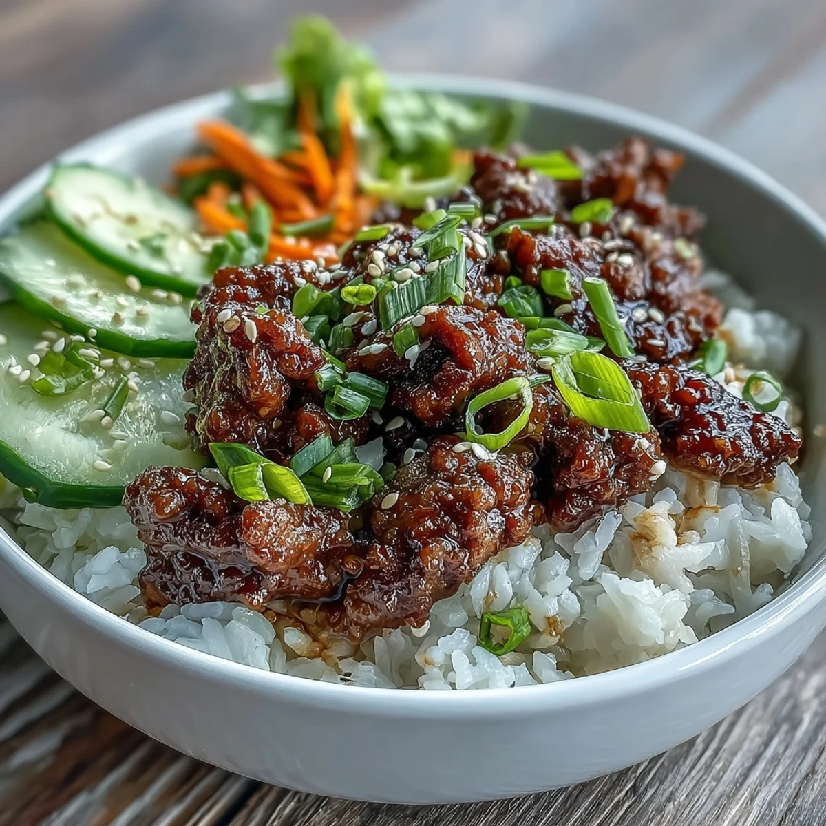 Savory Korean Ground Beef Bowl with seasoned meat, fluffy rice, tangy pickled carrots and cucumbers, and sesame seeds.
