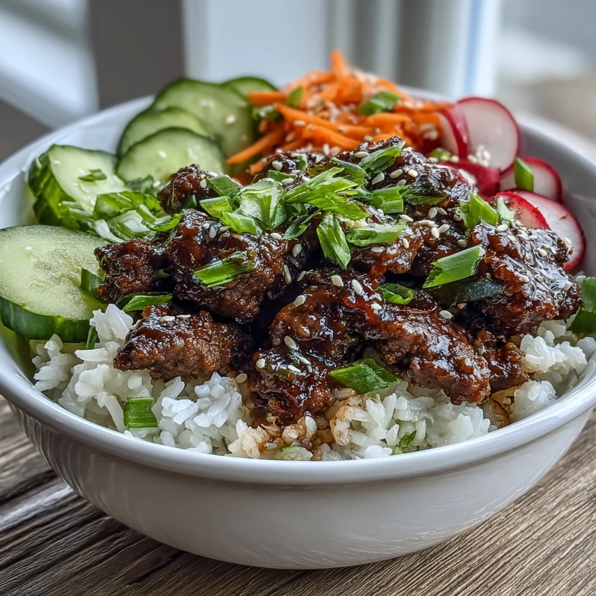 Freshly prepared Korean Ground Beef Bowl featuring bright pickled vegetables, tender beef, and jasmine rice for a vibrant, healthy meal.