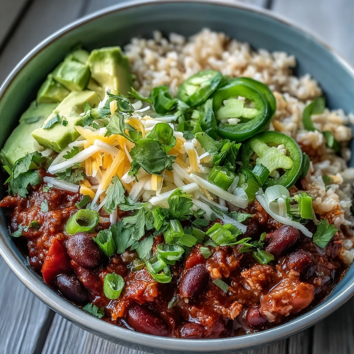 Spicy beef Chili Bowl Base simmering in a pot with diced peppers and onions for a hearty meal.