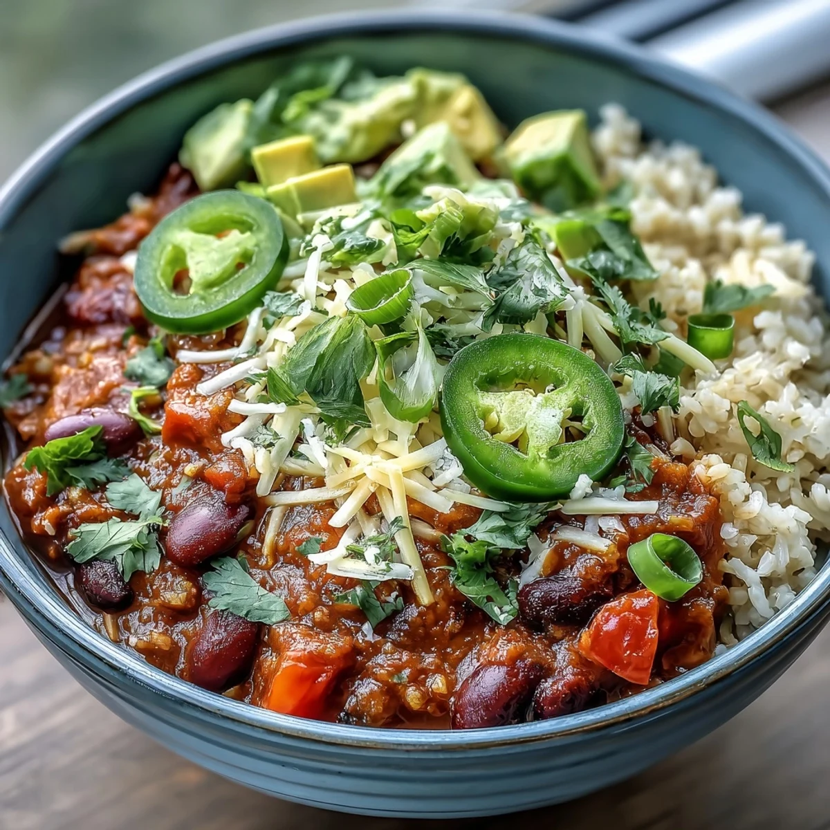 Close-up of a colorful Chili Bowl Base topped with avocado, cilantro, jalapeños, and a lime wedge for zest.