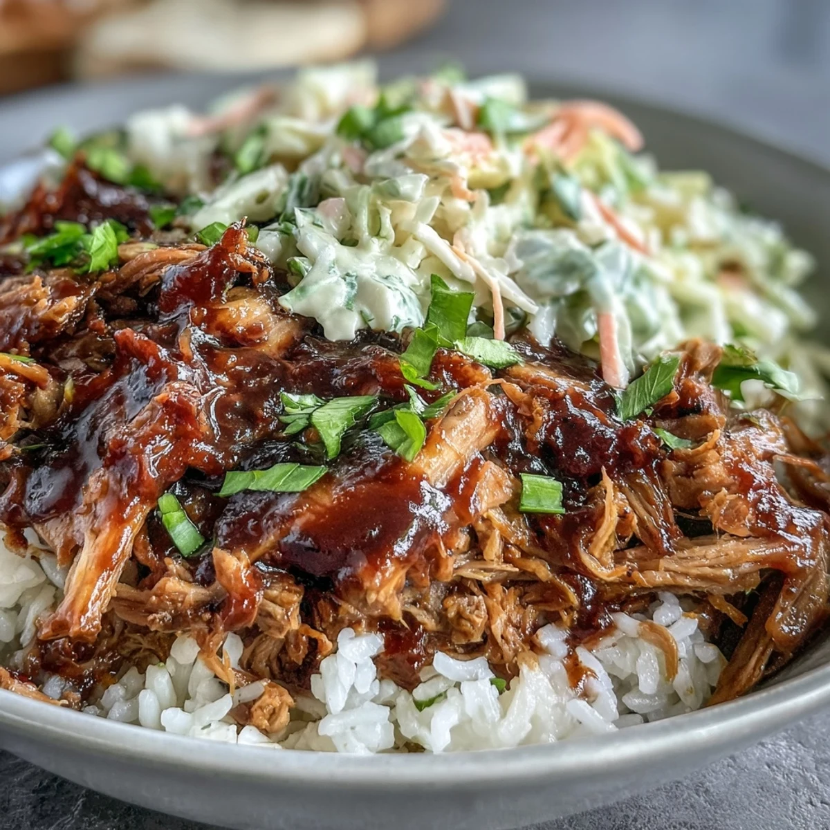 Pulled pork bowl with shredded meat, fluffy rice, crisp coleslaw, and smoky BBQ sauce drizzle.