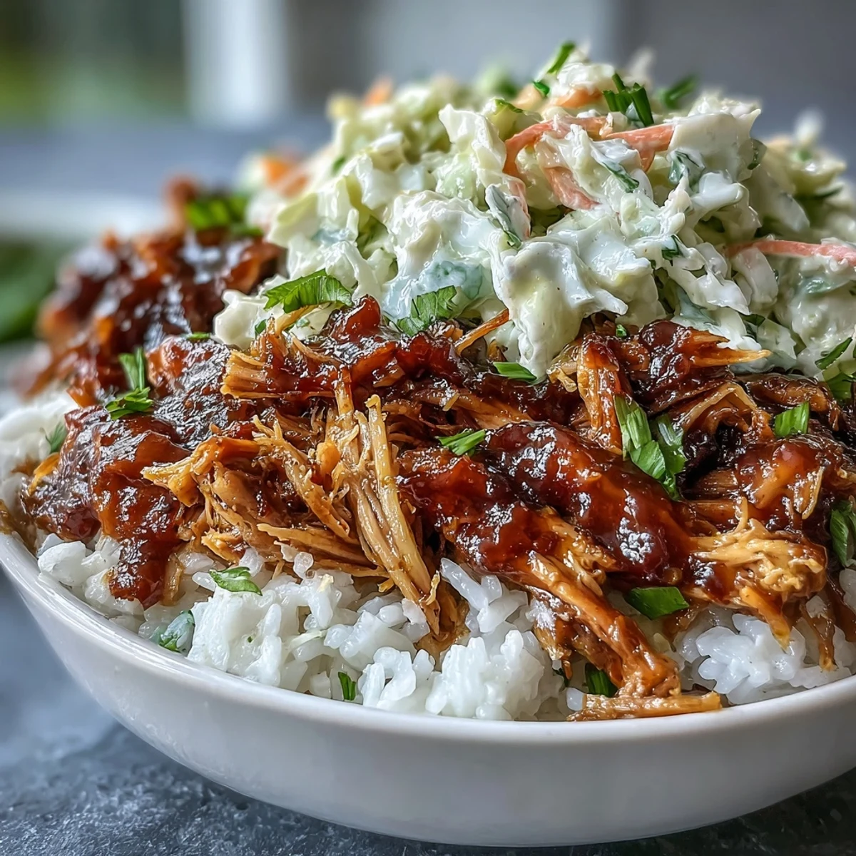 Assembled pulled pork bowl with rice, tangy coleslaw, and drizzled smoky sauce, topped with cilantro.