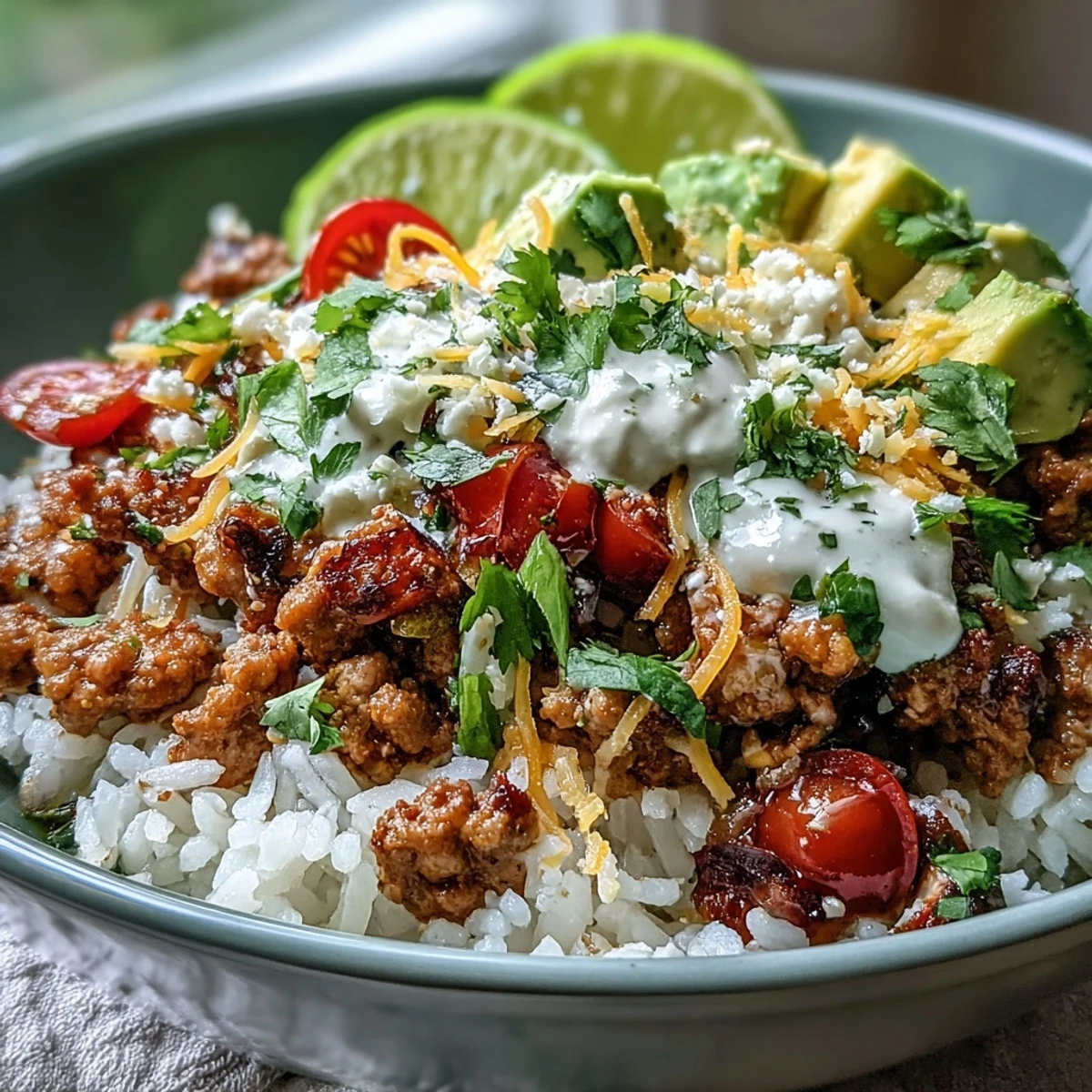 A hearty Turkey Taco Bowl featuring spiced turkey, brown rice, salsa, and lime wedges served in a rustic ceramic bowl.